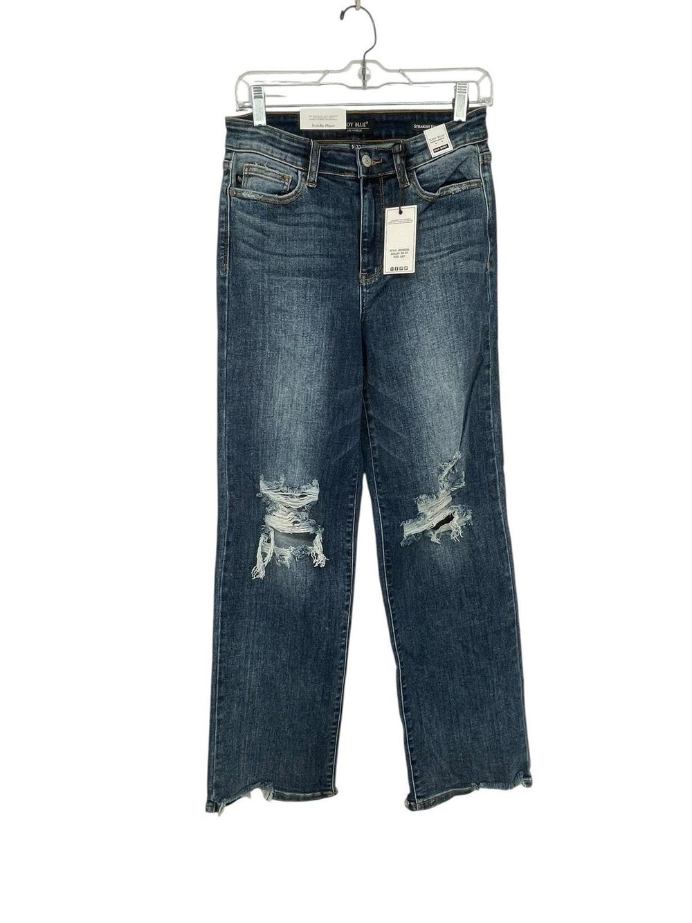 NWT Judy Blue High Rise Straight Leg Jeans Distressed Dark Wash Size 5 / 27